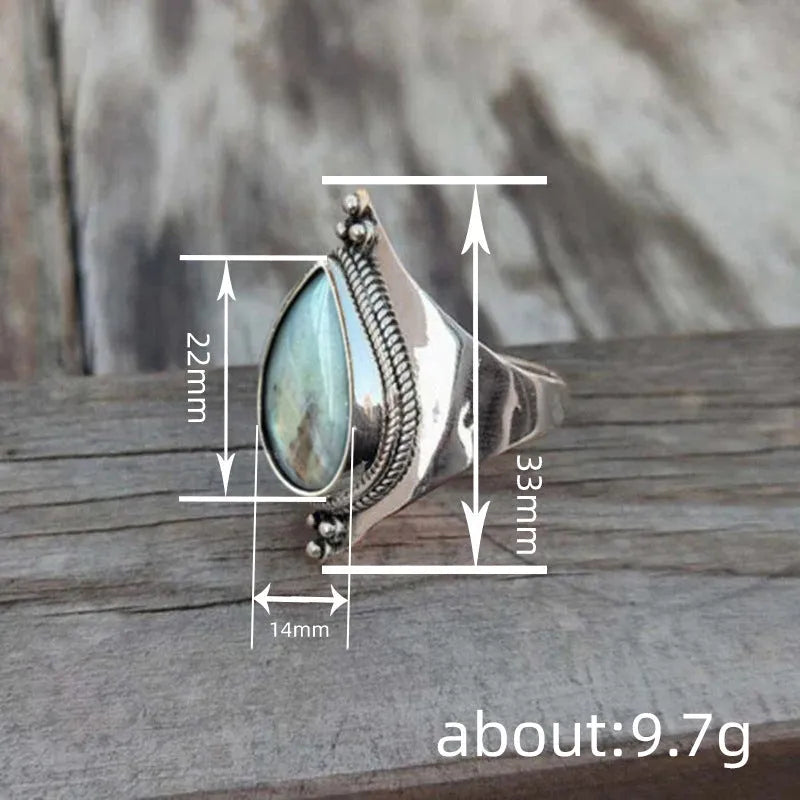 Women's copper ring with teardrop sticker in ancient silver, drop-shaped geometric design