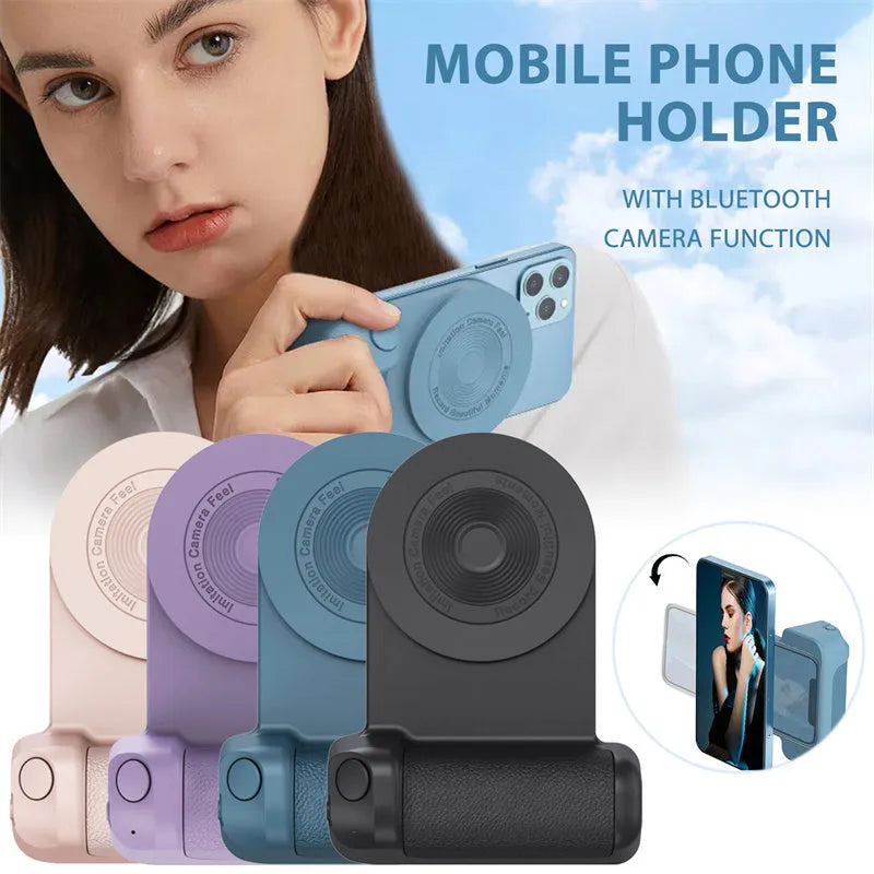 Black magnetic camera phone holder with rotatable tilt mechanism and ergonomic PU leather grip