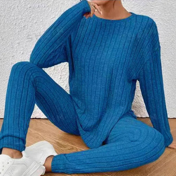 Sunken stripe black and blue polyester two-piece homewear set with regular sleeves