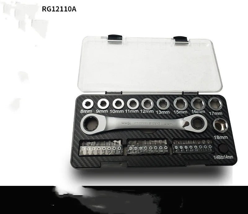 Ratchet wrench set with two-way mechanism, sockets, and batch heads on a work surface