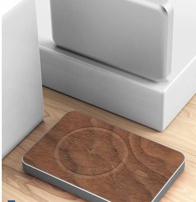 Khaki coloured magnetic wireless charging bank with alloy shell showing dimensions and charging ports