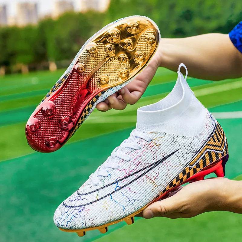 High-top soccer training shoes with gold plated soles and synthetic leather upper in mandarin duck colour