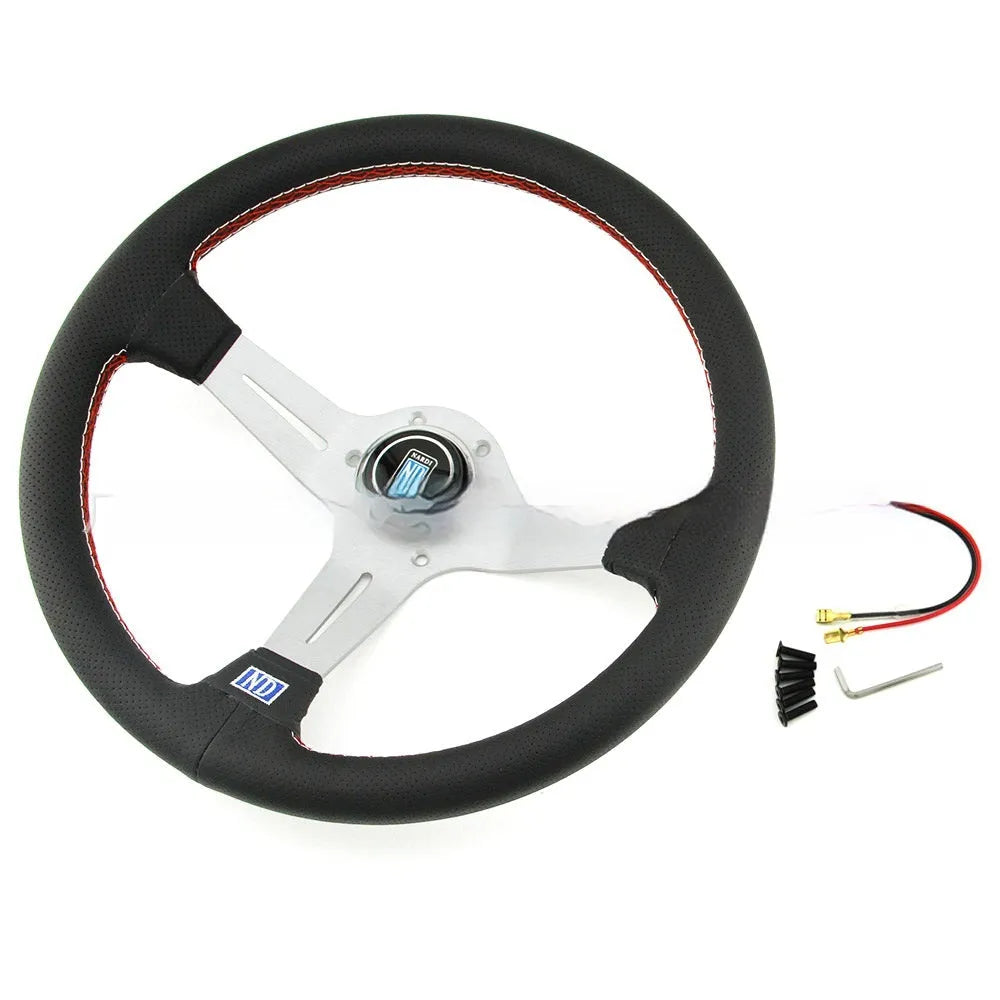 14-inch leather steering wheel with middle concave shape and silver black finish