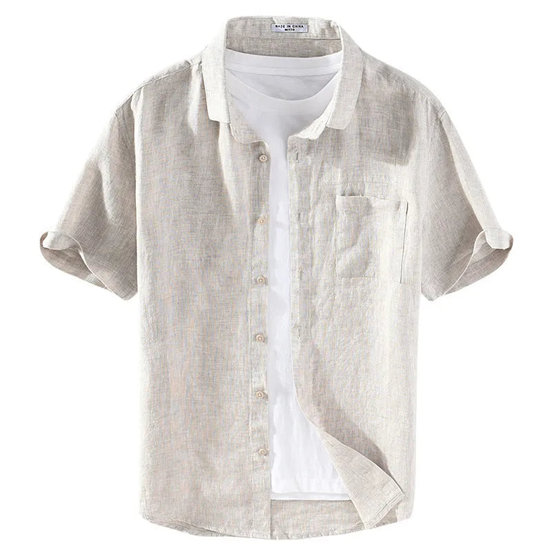 Men's linen short sleeve shirt with square collar in raw jute and grey colours