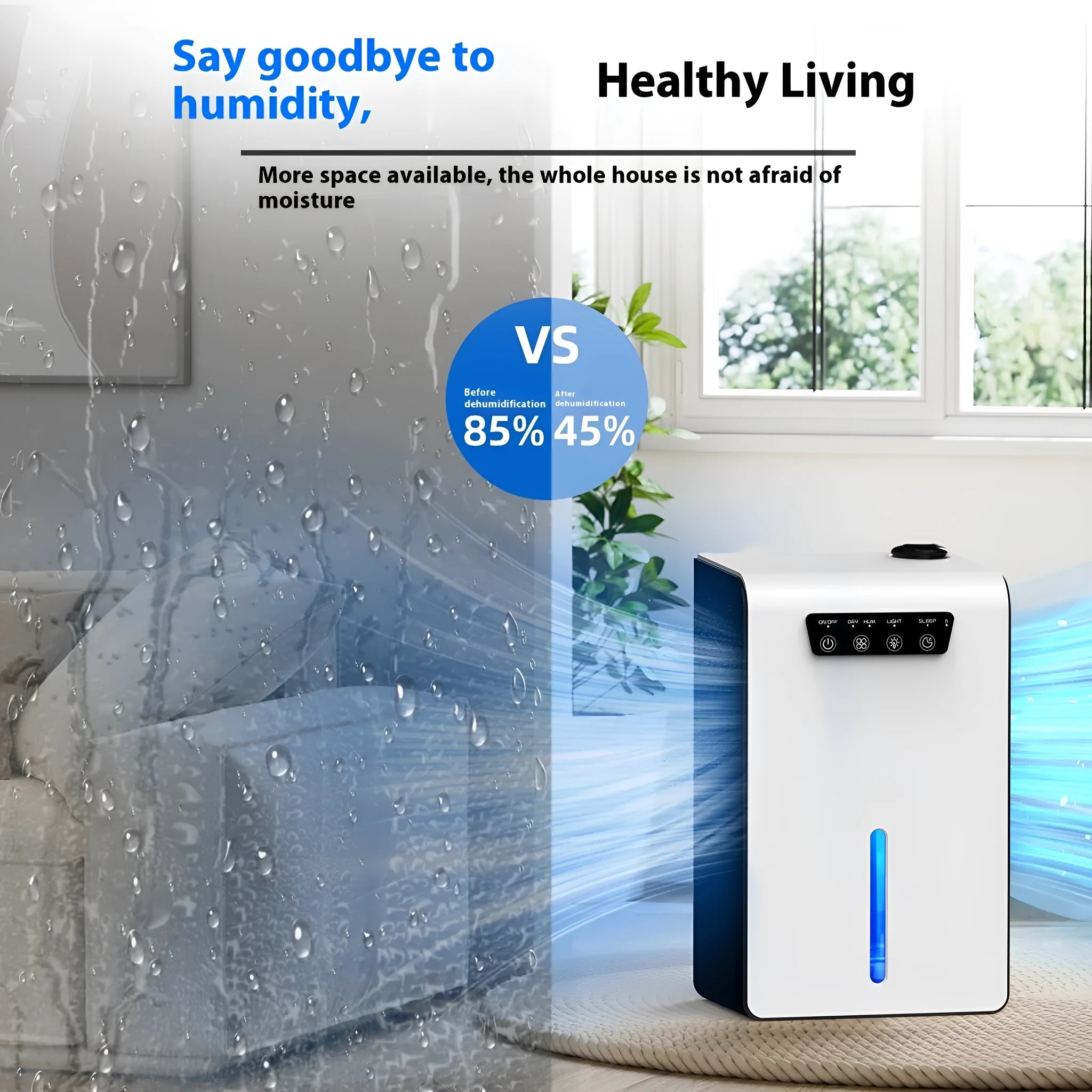 Milky white compact household dehumidifier with water reservoir tank on a bedroom floor.