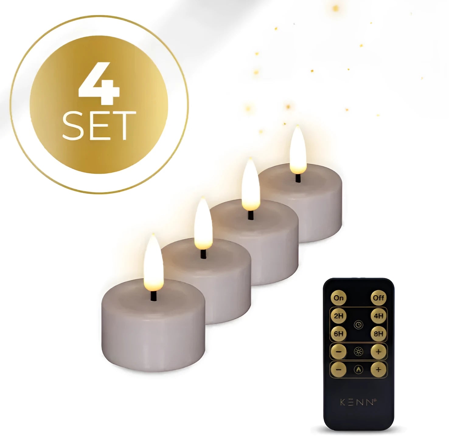 Set of four taupe-coloured S4 LED tealight candles showing size and flickering flame effect
