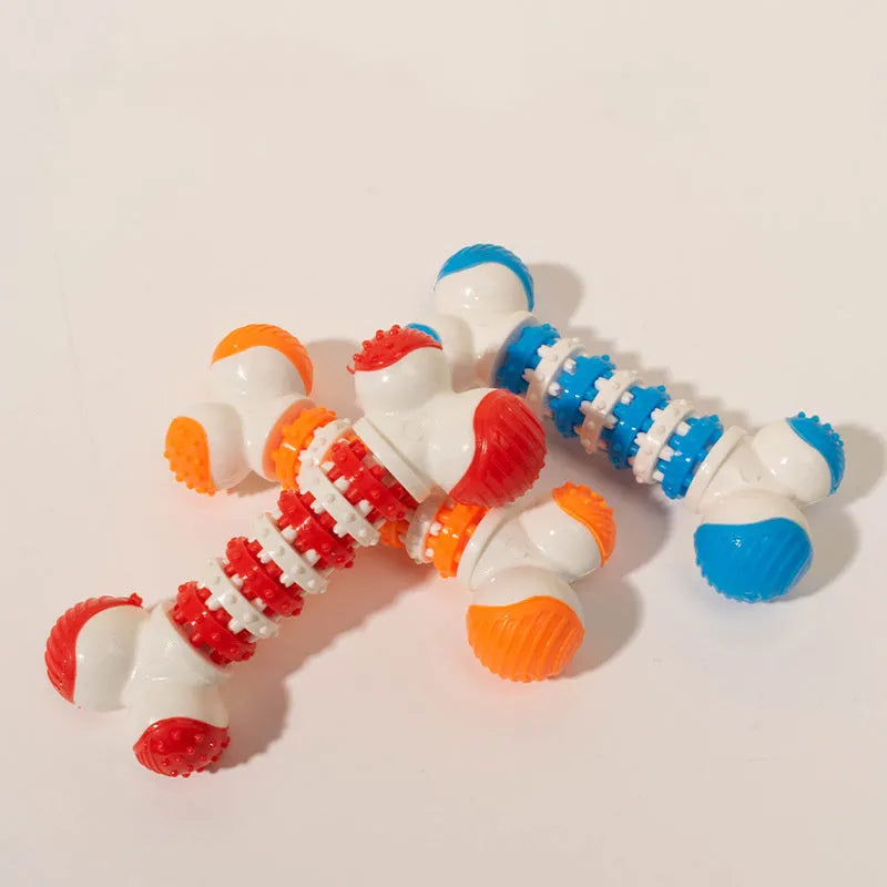 Blue bone-shaped interactive dog toy for small breeds with chewable ends and a central treat holder.