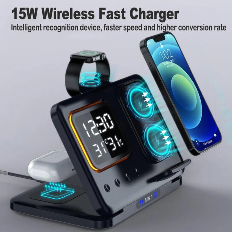 Black and white 5-in-1 wireless charging station with phone, watch and headphone docks, LED clock display
