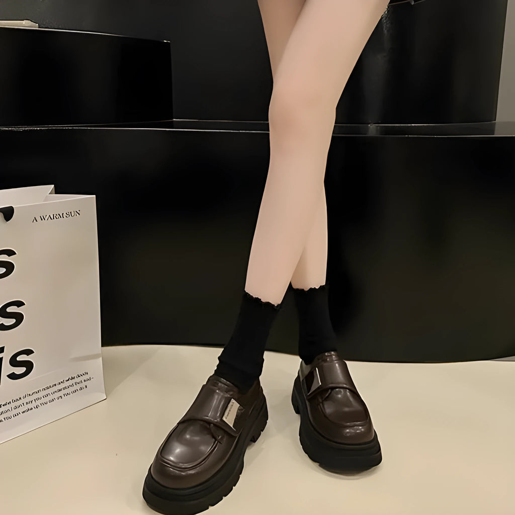 Women's black chunky heel square toe cross strap casual leather style shoes with rubber sole