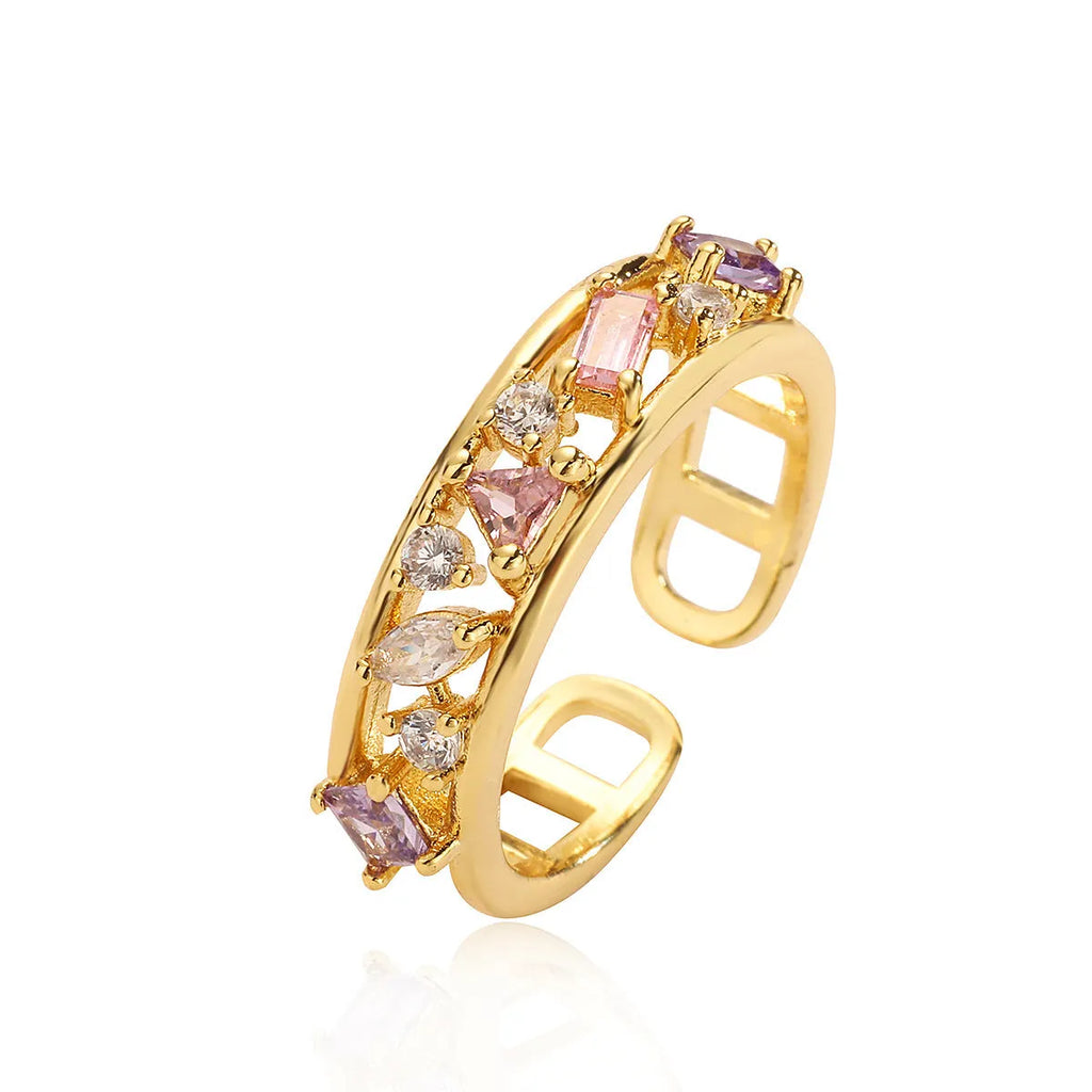Women's adjustable copper ring with 18K gold plating, geometric shape, zircon and pearl accents, micro inlay finish