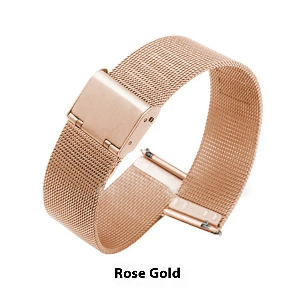 Milani silk woven stainless steel watch band in silver, showing textured finish and metal clasp