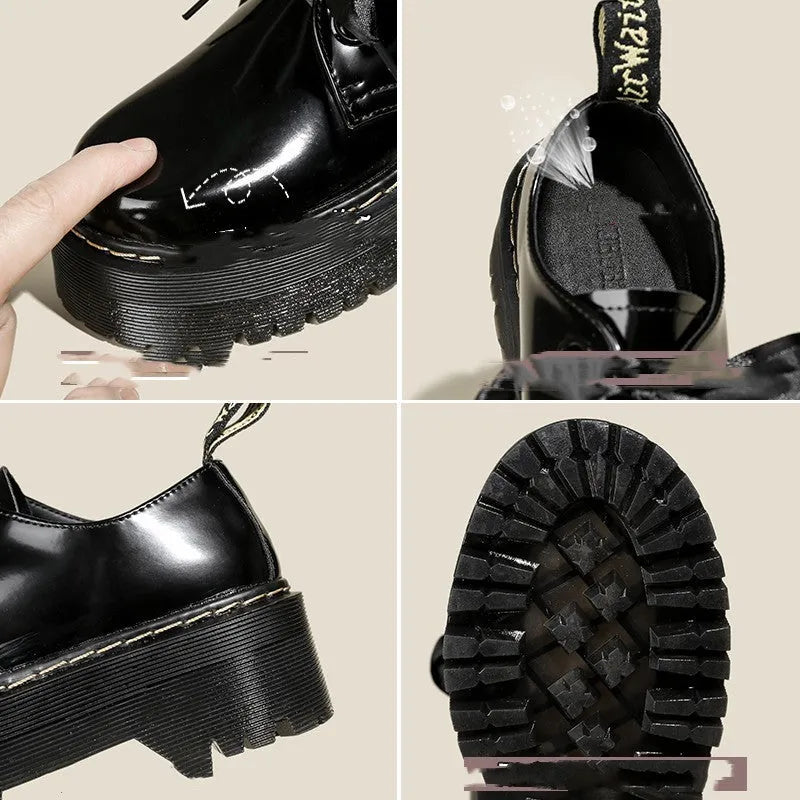 Women's black thick-soled leather-style lace-up shoes with ribbon and cross strap details on a white background.