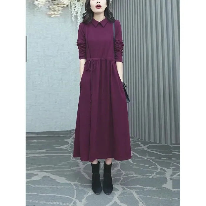 Purplish red women's long sleeve dress with extra long sleeves and long skirt, plus size options