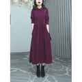 Purplish red women's long sleeve dress with extra long sleeves and long skirt, plus size options