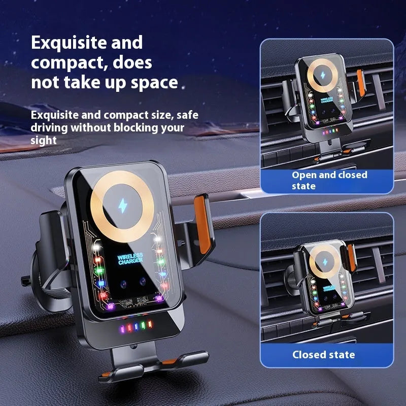 Black car wireless charging stand with gravity holder for dashboard windscreen vent use