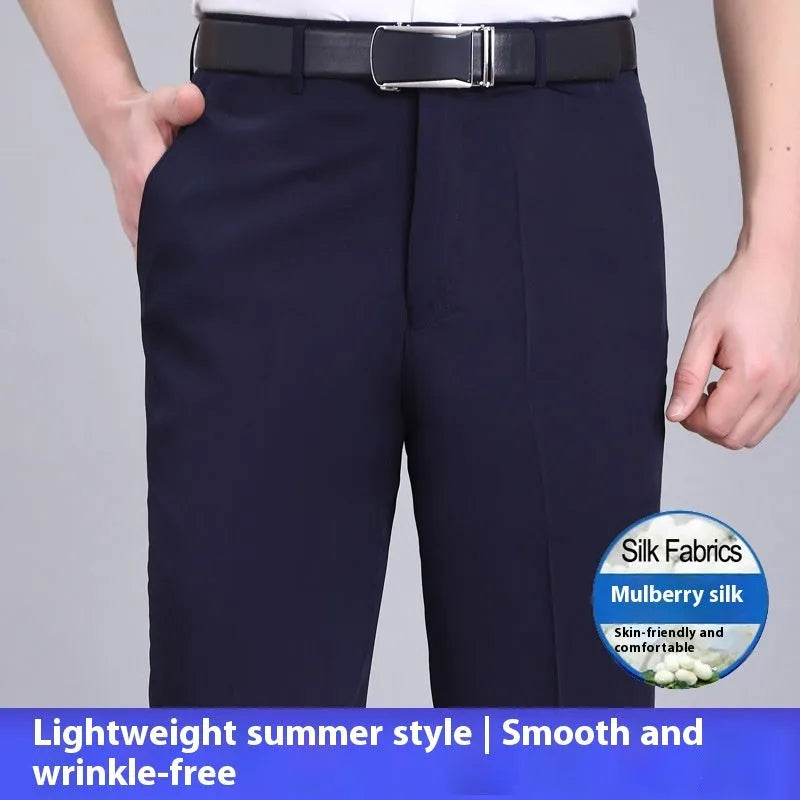 Men's non-iron mulberry silk blend business trousers in straight leg cut with high waist