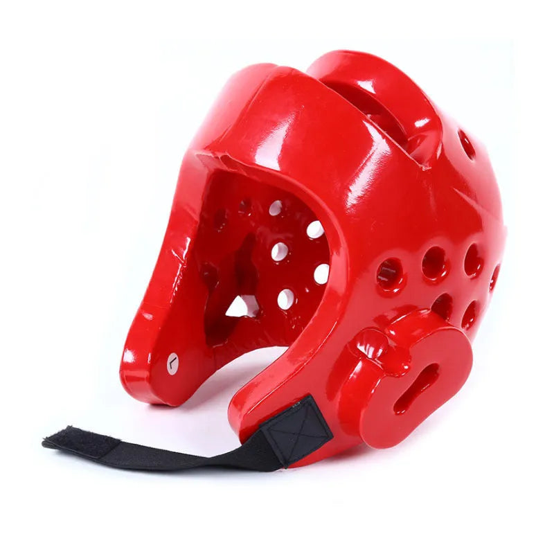 Red and blue karate protective gear set with helmet, boxing gloves, and leg guards for martial arts training