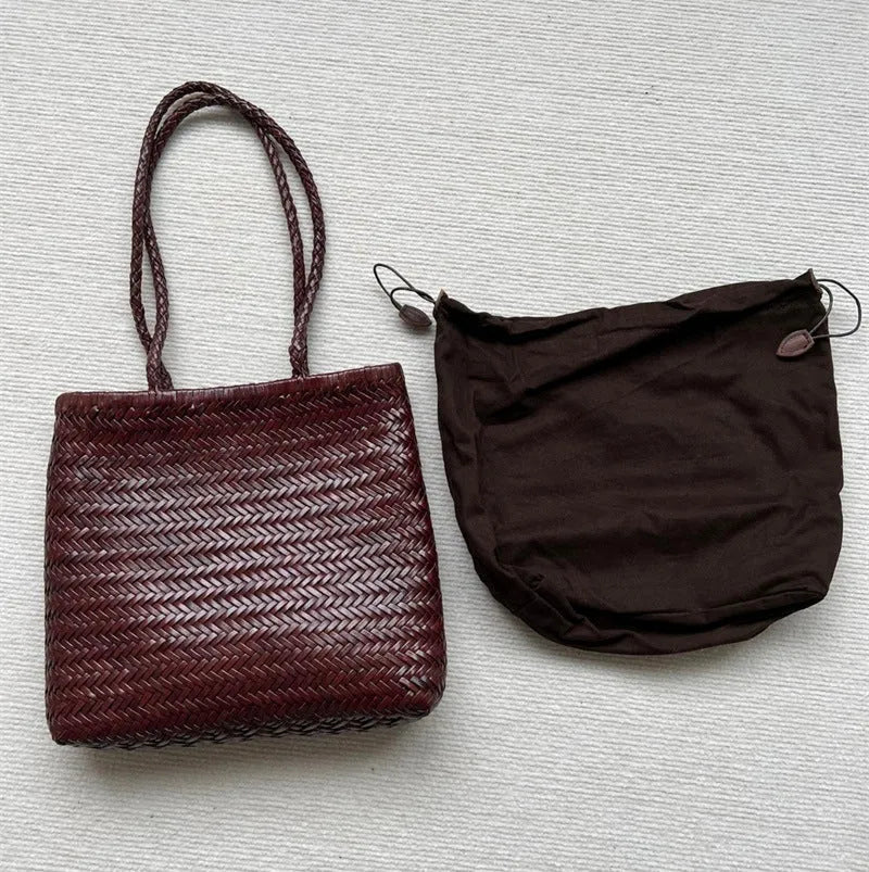 Brown handmade woven tote bag with three-dimensional pocket made from cowhide leather