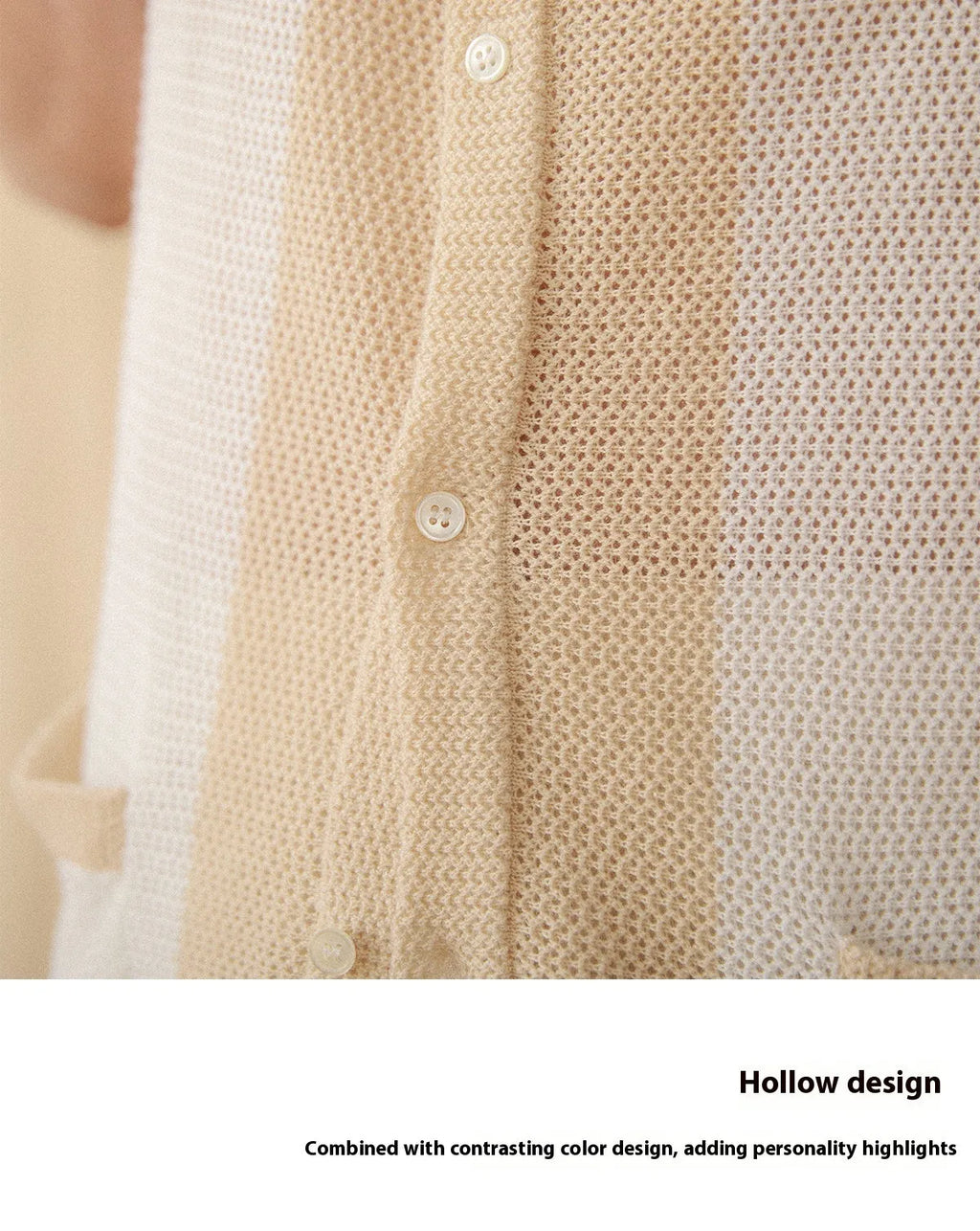Hollow knit cotton linen blend lapel cardigan in beige colour with short sleeves