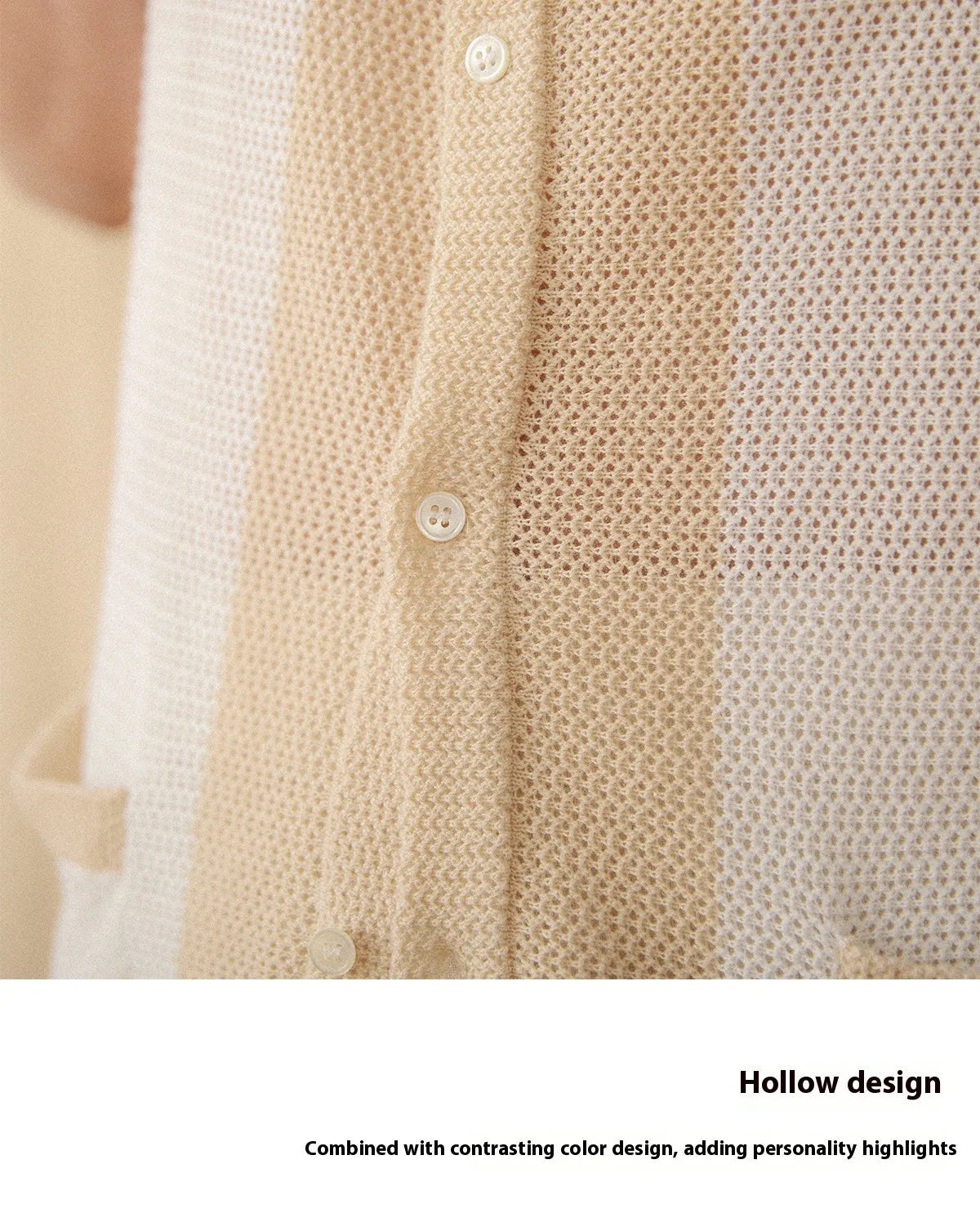 Hollow knit cotton linen blend lapel cardigan in beige colour with short sleeves