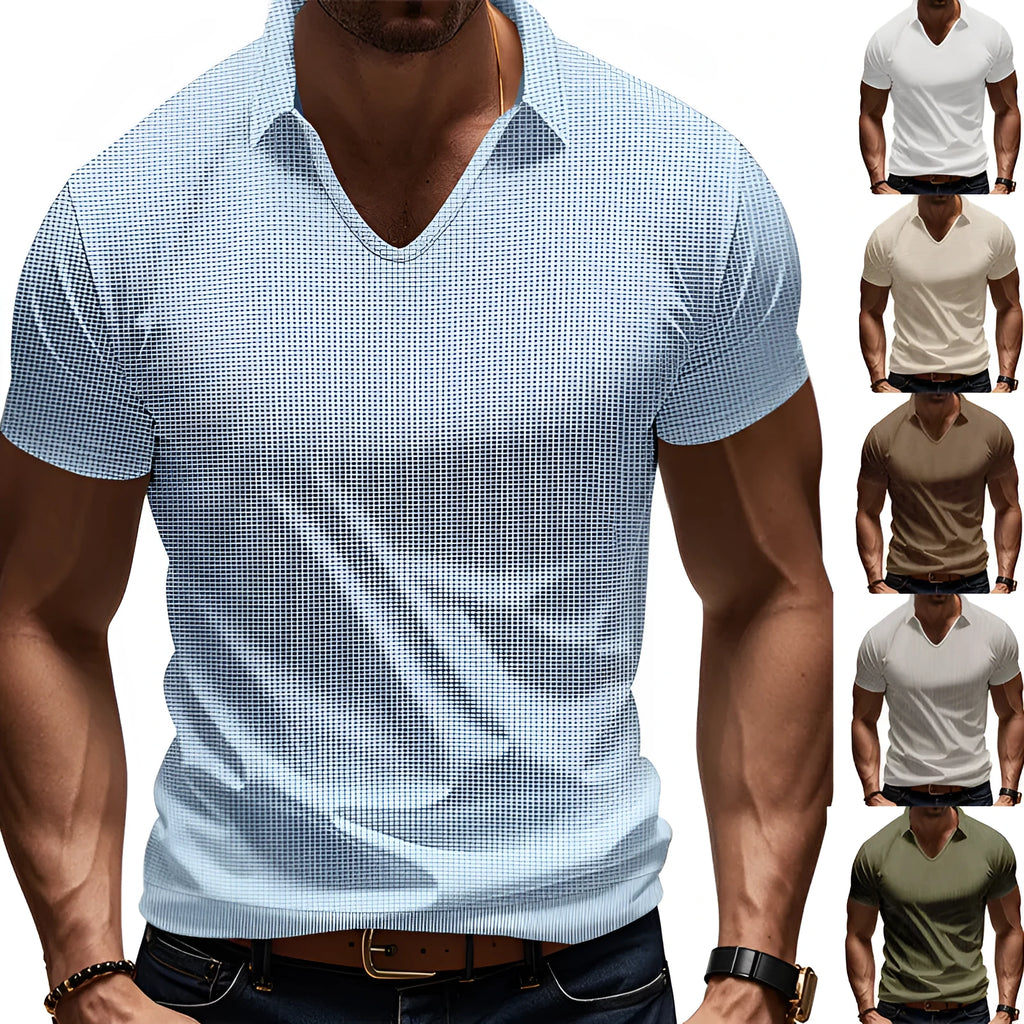Men's casual V-neck short sleeve top in cotton blend fabric showing loose fit and solid colour options