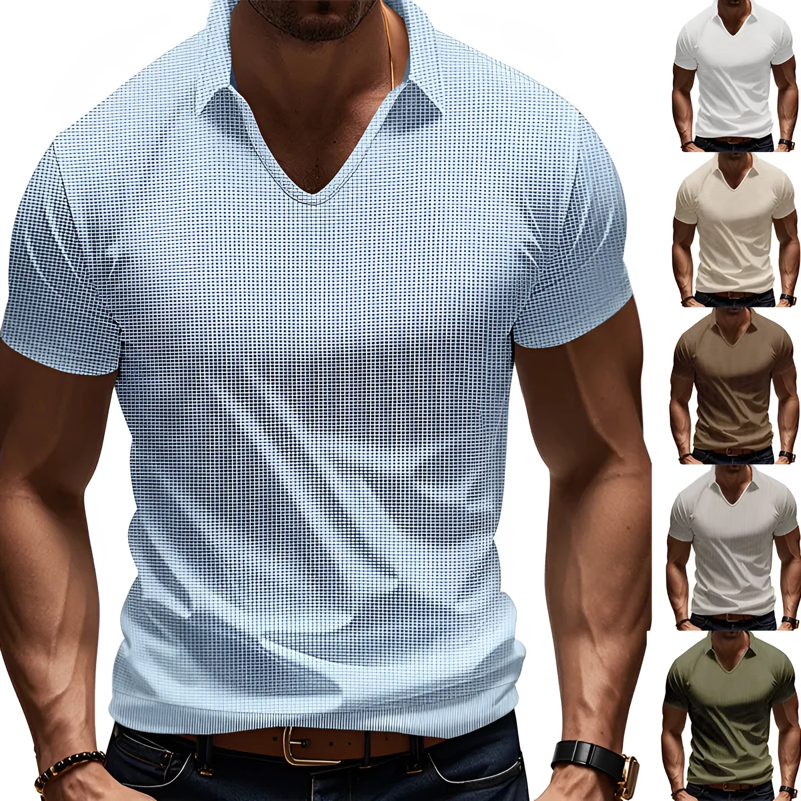 Men's casual V-neck short sleeve top in cotton blend fabric showing loose fit and solid colour options