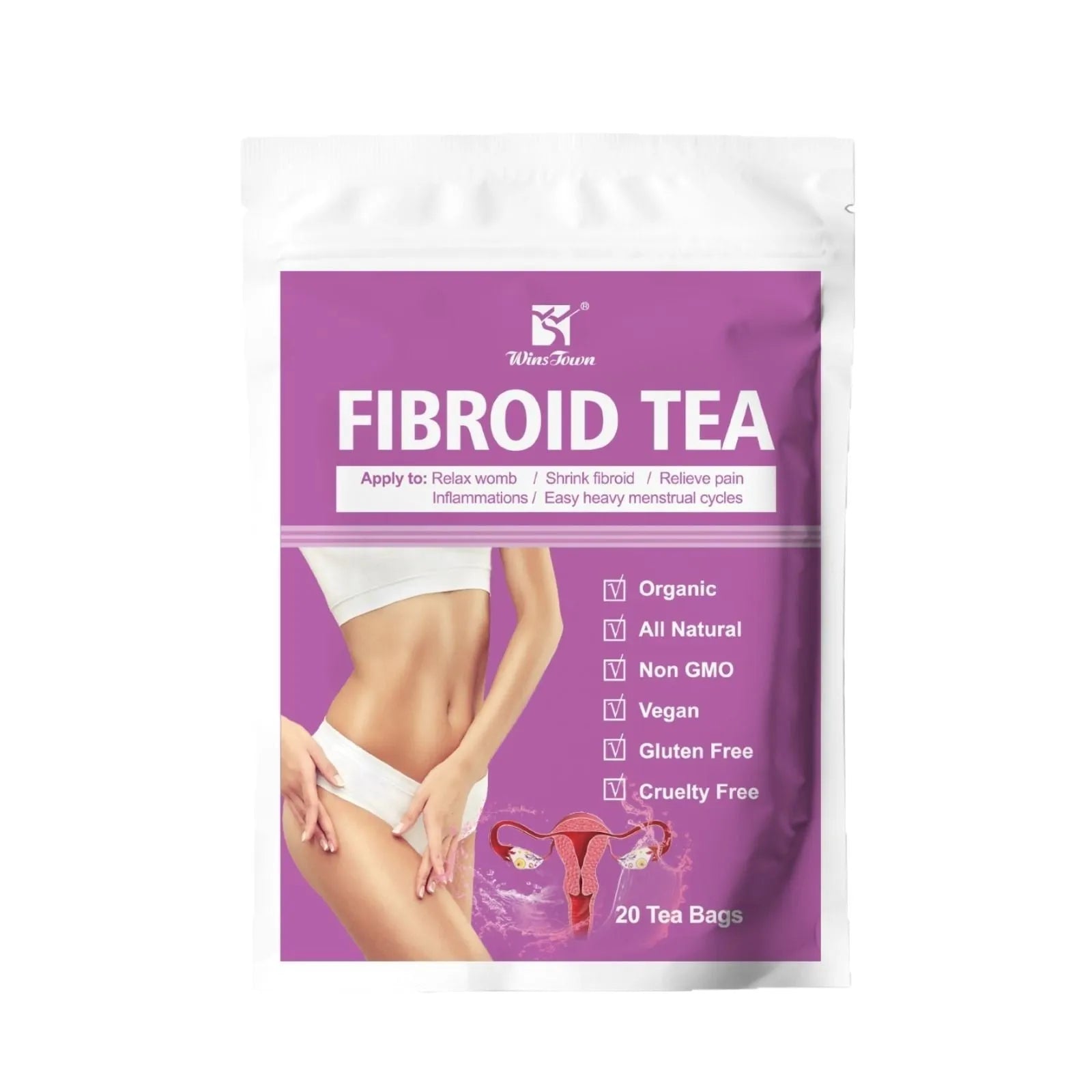 Pack of herbal fibroid tea bags with C83 Winstown packaging specification
