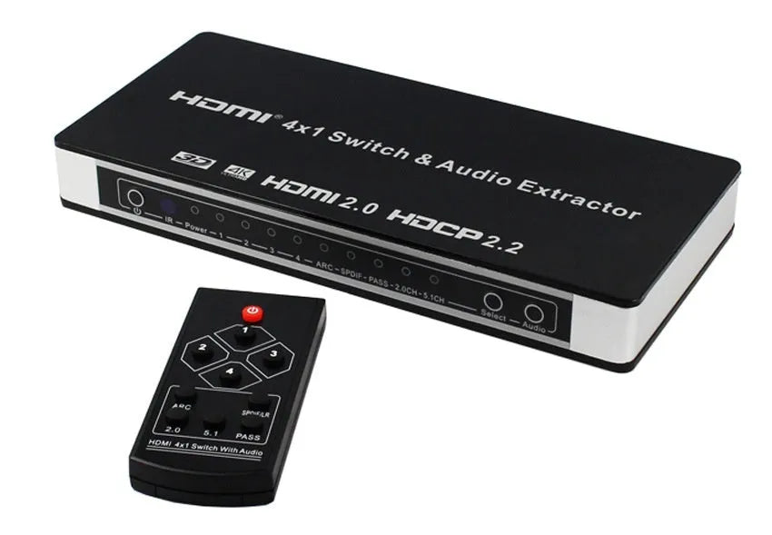 Black HDMI audio video switch with four inputs and one output, remote control, power adapter, and instruction manual