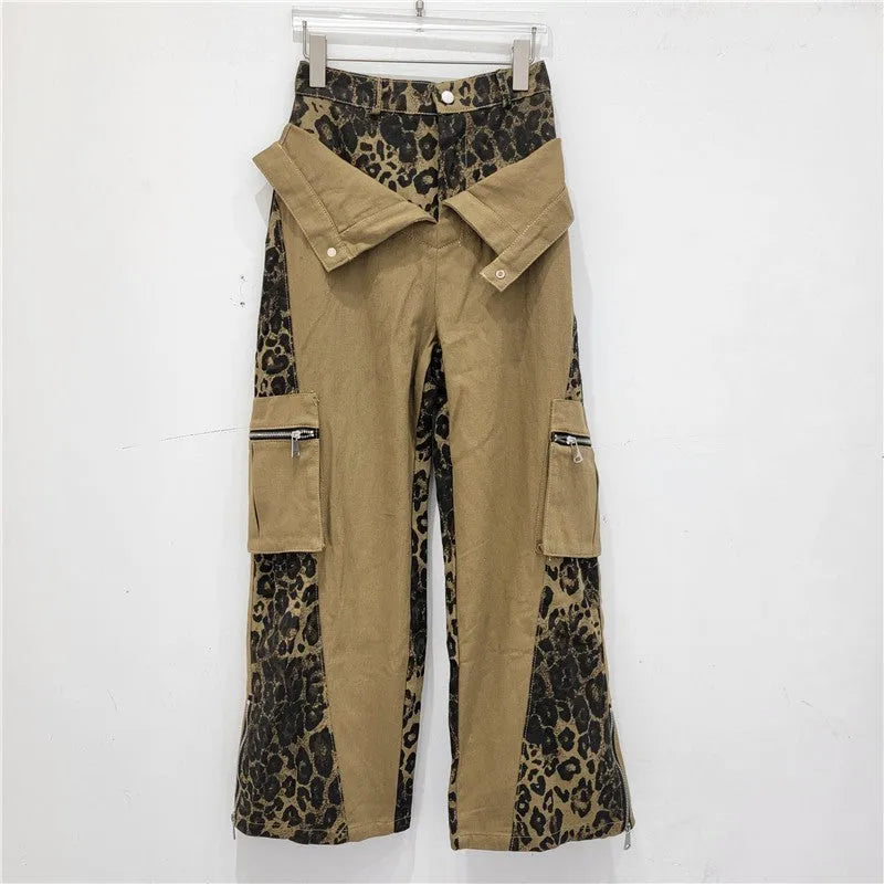 Dark khaki leopard print high waist tooling pants with fake two stitching detail on straight leg denim jeans