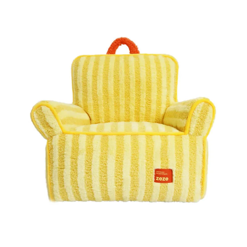 Striped soft velvet pet bed in yellow, orange, or purple with a removable washable cover.