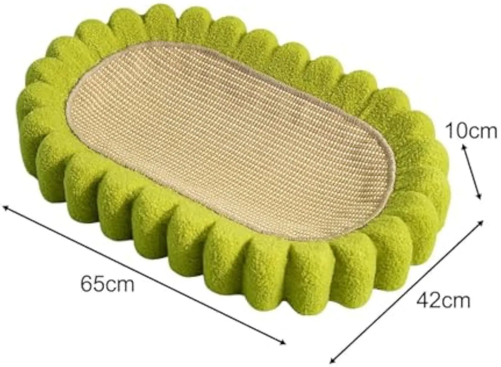 Green oval-shaped cat scratching pad with sisal fabric, serving as a lounge bed for cats.