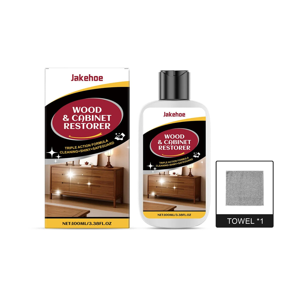 Wooden furniture scratch care kit showing 100ml bottle and 20x20cm microfiber towel for surface maintenance