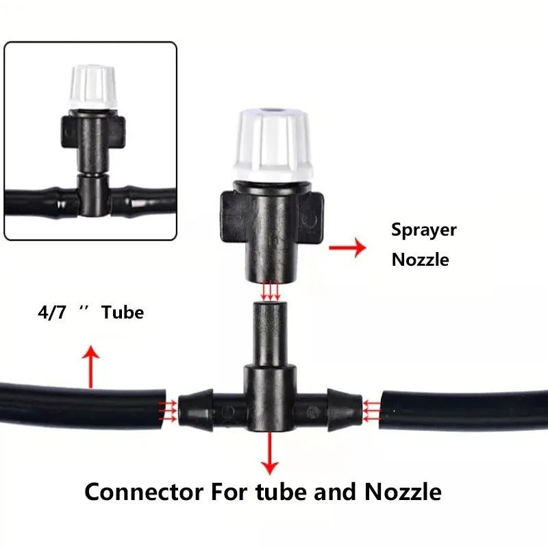 PE garden irrigation hose 10m with 10 micro spray units lying on green grass