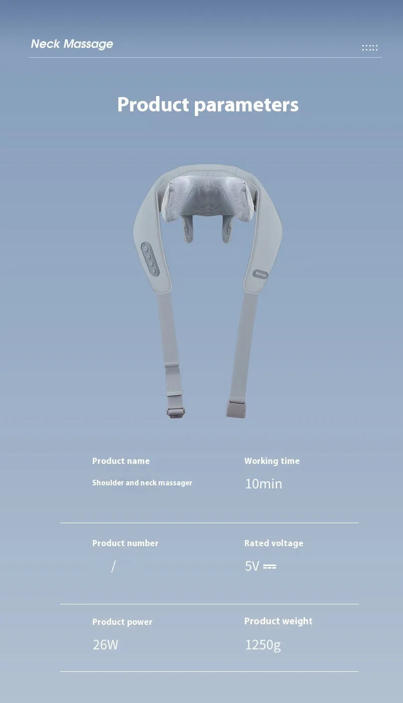 Grey elastic fabric neck massager with USB charging cable and infrared physiotherapy function