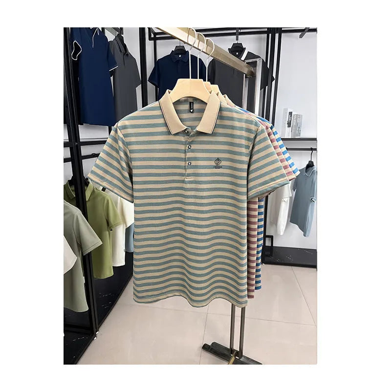 Red striped men's short sleeve t-shirt with mosaic pattern detail on a mannequin.