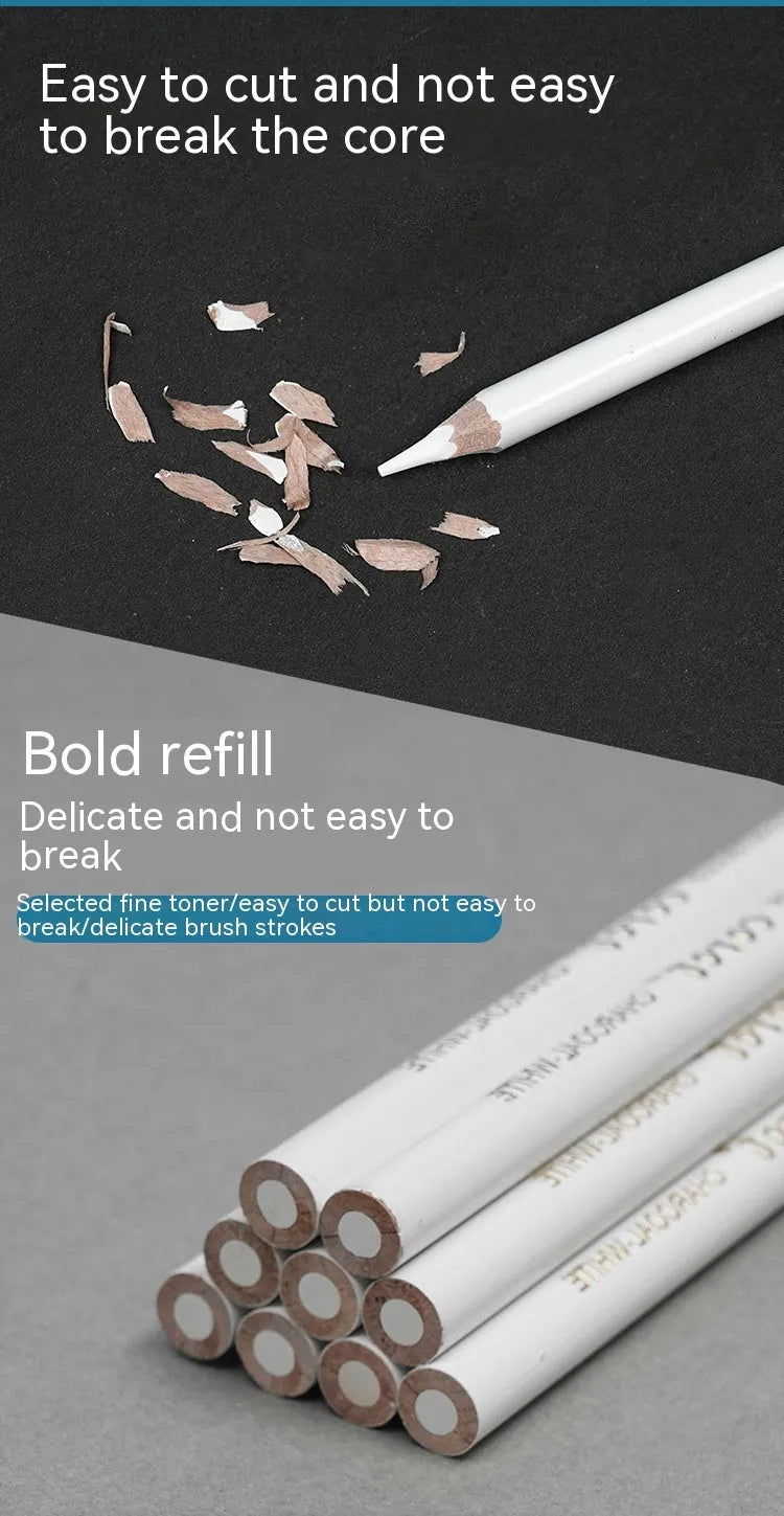 Three white charcoal sketching pencils with wooden casings for highlight work