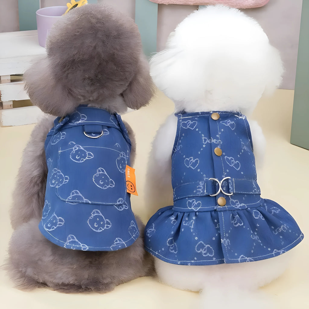 A small white Bichon dog wearing a light blue denim princess dress with a brace skirt design.