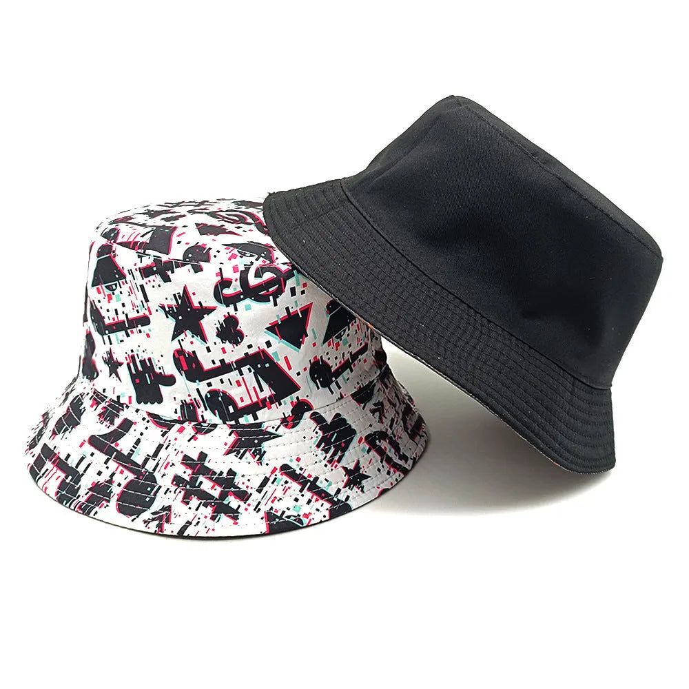 A retro bucket hat with a musical note pattern print, shown in a dome crown style.