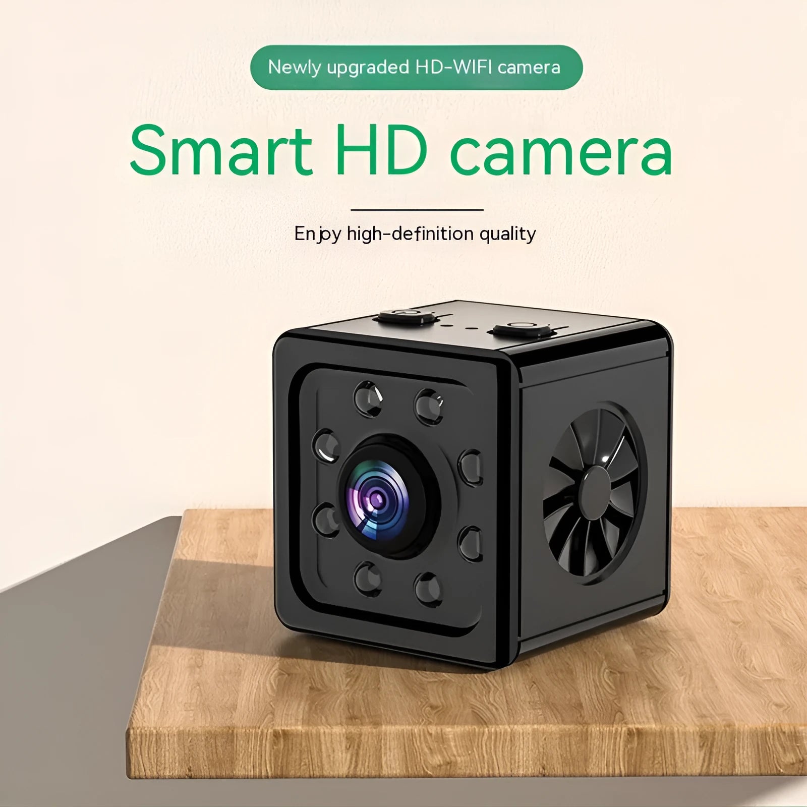Black cube-shaped sports camera measuring 26mm with remote network control and mounting bracket