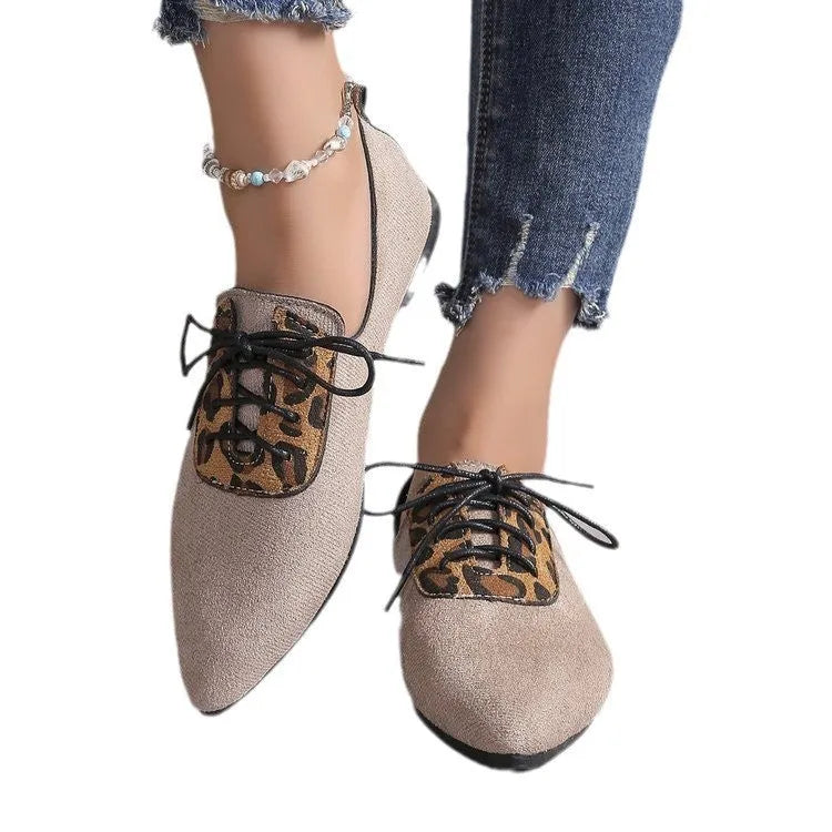 Beige leopard print pointed toe pumps for women in plus sizes with artificial PU upper and rubber sole