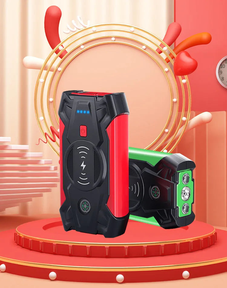 Red car emergency jump starter with digital display and thick battery clips