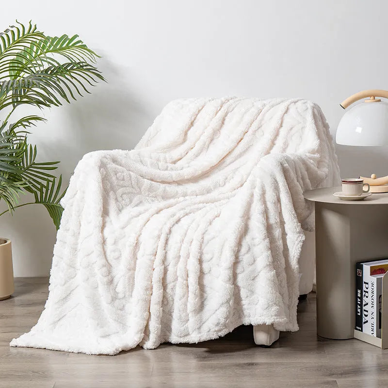 Shu cotton velvet jacquard throw blanket in solid colour with plant flower pattern on modern sofa