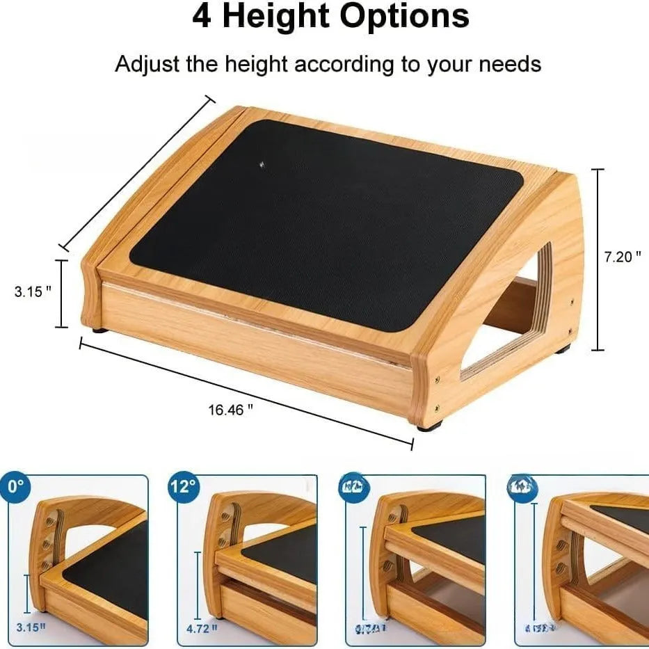Wooden bamboo office desk footstool with minimalist design in natural wood colour.
