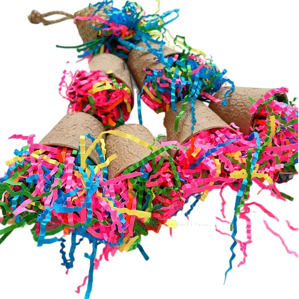 A wood-coloured parrot toy shaped like a paper cup with palm weaving texture, hanging from a string.