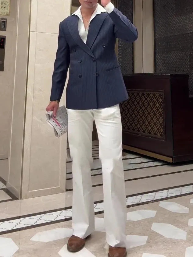 Men's classic striped double-breasted polyester blazer with regular fit styling