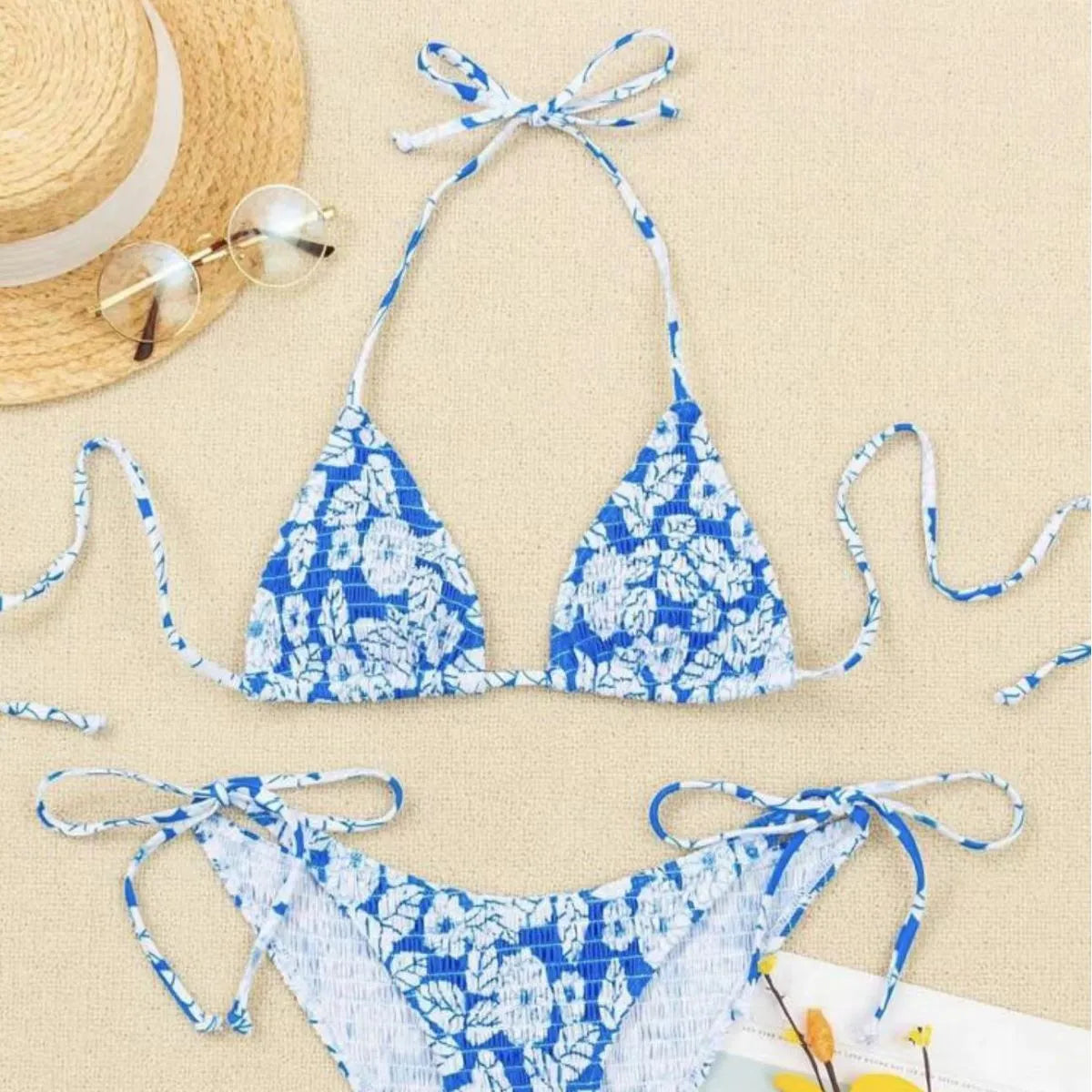 Women's floral pattern halter neck swimsuit bikini set in multiple colour options