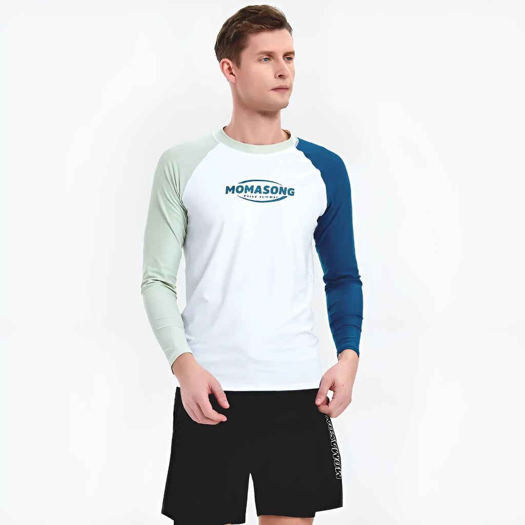 Men's white long-sleeved swimsuit top with matching double-layer swimming trunks for beach sports