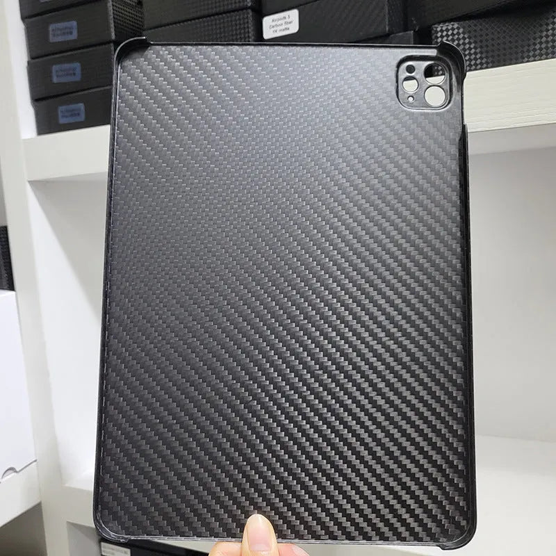 Hard carbon fibre protective case for iPad Pro 11 inch showing plaid pattern and one of three available finishes.