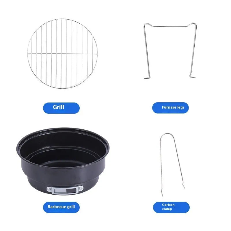 Small round folding ice stove with grill mesh, furnace leg, barbecue grill and carbon clip components for 1-2 person outdoor cooking