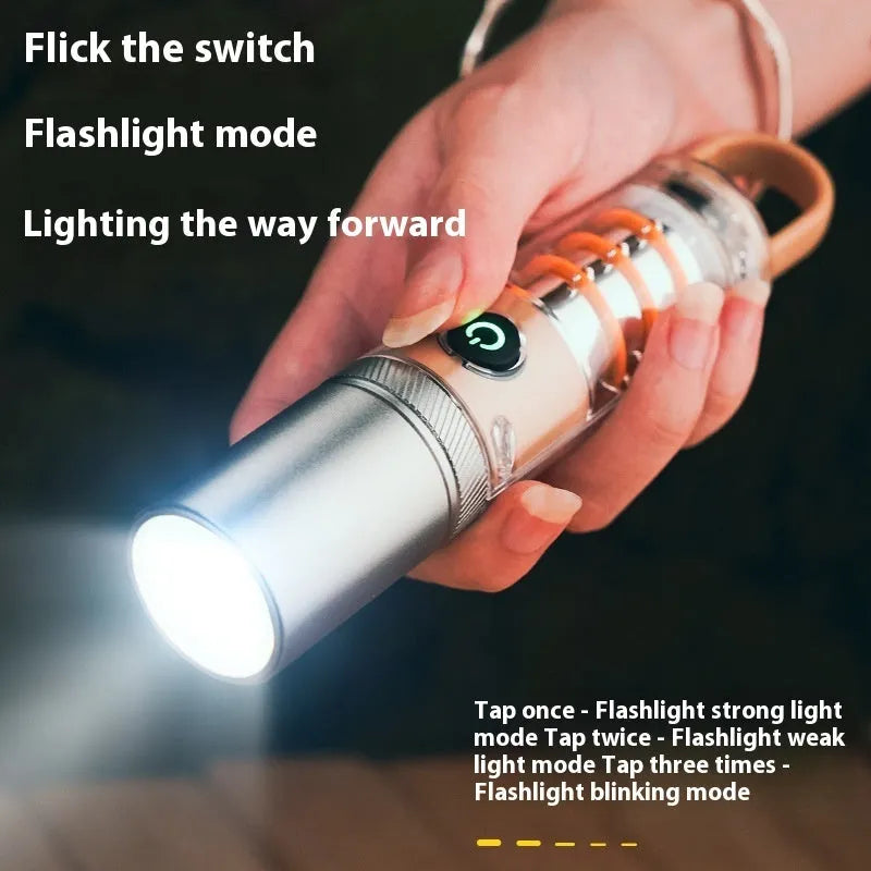 Orange or beige rechargeable flashlight with hook, keychain, and optical zoom on a 10W dual light source.